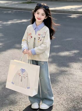 女童衬衫领假两件卫衣2026新款儿童牛仔裤套装女孩洋气春秋衣服潮