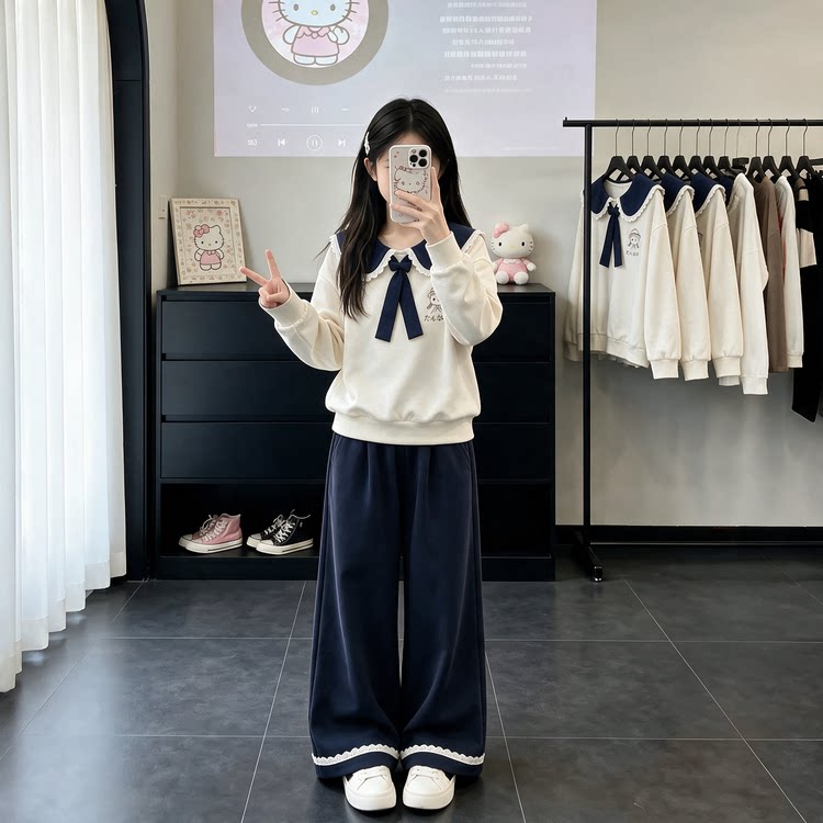 女童学院风套装秋季2026新款洋气中大童娃娃领卫衣阔腿裤两件套潮
