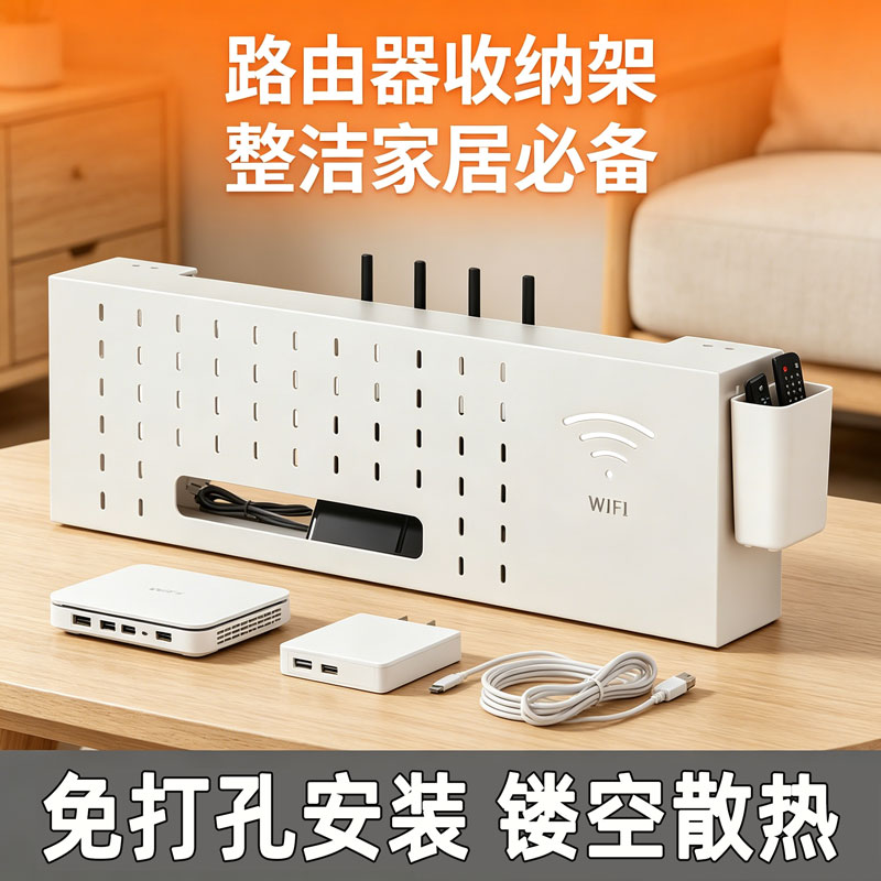 免打孔路由器墙上置物架插排WIFI光猫收纳架机顶盒家用多功能挂钩