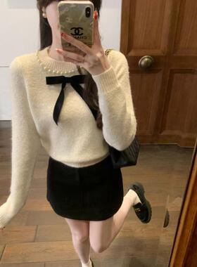 安璃 小香风贵气钉珠圆领蝴蝶结亮片毛衣