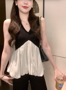 安璃 法式时髦V领撞色设计无袖上衣休闲气质百搭花苞背心夏季新款