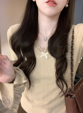 安璃 小众设计感蕾丝毛绒感慵懒休闲T恤上衣