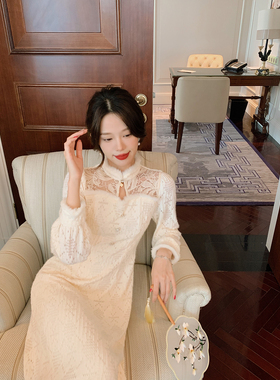 安璃 复古国风气质磨毛蕾丝裙温柔优雅女人味毛毛领连衣裙新款