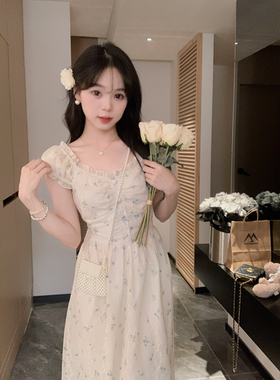 安璃 气质蓝铃花长裙少女感甜美花边温柔碎花连衣裙刺绣打揽收腰