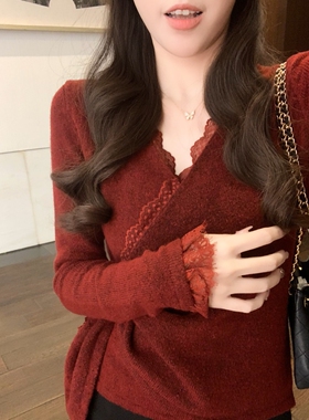 安璃 蕾丝交叉领设计感毛衣一片式抽拉调节不挑人