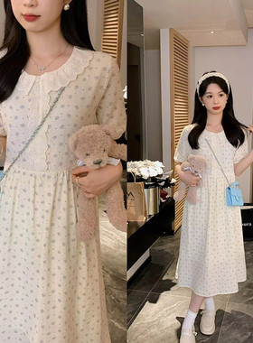 安璃 ANLI 2024年花边碎花拼接翻领碎花连衣裙少女感减龄收腰长裙