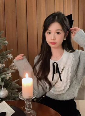 安璃 宫廷风精致花边拼接娃娃领绑带毛衣甜美百搭灰色针织衫新款
