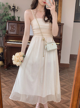 安璃 ANLI 仙气飘飘~双肩带压褶设计白月光吊带裙浅香槟飘逸长裙