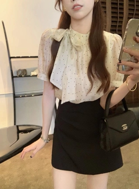 安璃 气质植绒小波点蝴蝶结绑带衬衣时髦高级感百搭上衣夏季新款