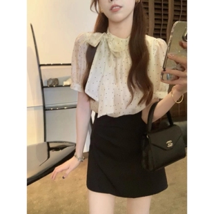 安璃 气质植绒小波点蝴蝶结绑带衬衣时髦高级感百搭上衣夏季新款