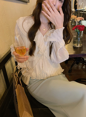 安璃 ANLI 荷叶边压褶仙气V领雪纺衫甜美温柔百搭层次感蛋糕上衣