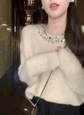 安璃 精致钉珠亮片圆领毛衣高级感宽松百搭纯色慵懒风针织衫新款