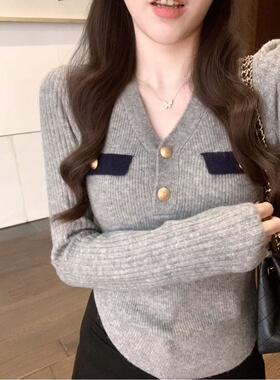 安璃 V领加口袋简约气质针织毛衣