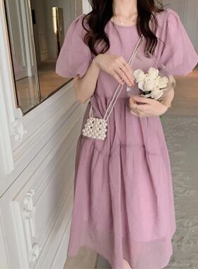 安璃 ANLI 气质褶皱感仿天丝连衣裙优雅淑女柔软纯色泡泡长裙新款