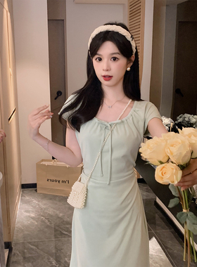 安璃 温柔风系带设计感连衣裙女气质褶皱收腰显瘦小个子包臀长裙