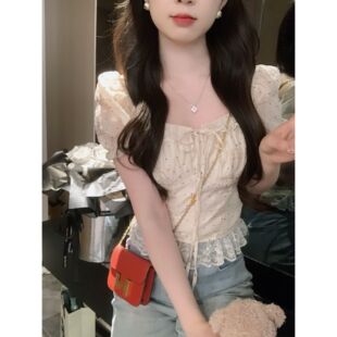 安璃 法式植绒波点方领仙气蕾丝衫方领绑带法式公主短袖打揽上衣