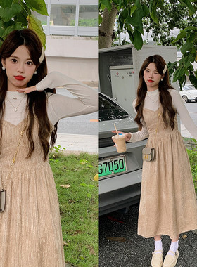 安璃 ANLI 温柔系秋日灯芯绒吊带裙弹力百搭打底上衣两件套新款