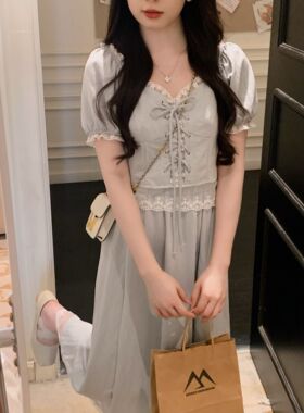 安璃 法式甜心灰蓝色蕾丝花边少女两件套