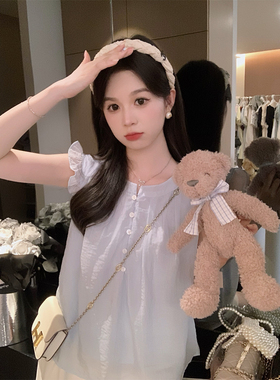 安璃 法式甜美荷叶边衬衫女小飞袖蓝色衬衣设计感宽松独特上衣