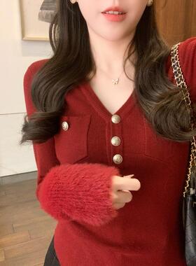 安璃 V领三扣拼接毛毛袖甜美气质针织衫