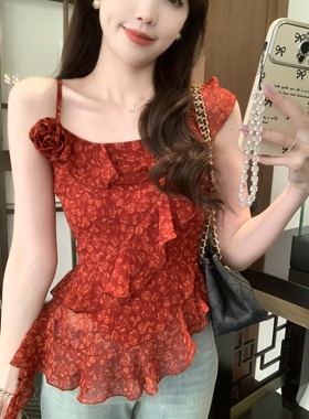 安璃 风情玫瑰~明艳气质红色碎花不对称设计感上衣荷叶边吊带衫