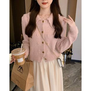 安璃 ANLI 粉色娃娃领钩花宽松毛衣精致玫瑰扣甜美少女针织开衫