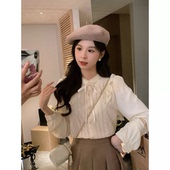 安璃 甜美少女感百搭娃娃领杏色磨毛蕾丝蝴蝶结木耳边衬衣 秋季
