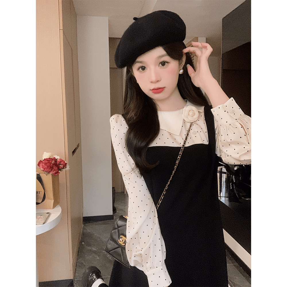 安璃 不对称翻领山茶花假两件小黑裙,女装/女士精品,连衣裙,淘宝优惠券,粉丝福利购,淘宝优惠卷