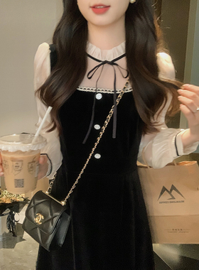 安璃 ANLI 法式复古宫廷风丝绒小黑裙撞色拼接甜美长短款连衣裙