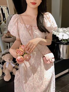 安璃 浪漫重工刺绣钩花连衣裙精致花边裙摆一字肩两穿方领碎花裙