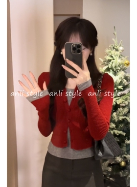 安璃 秋冬季新款时髦洋气百搭显瘦撞色假两件针织衫打底毛衣女潮