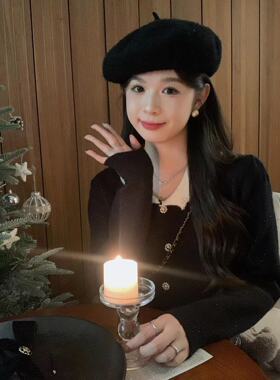 安璃 2024年新款小香风钉珠翻领黑色毛衣精致珍珠扣撞色针织开衫