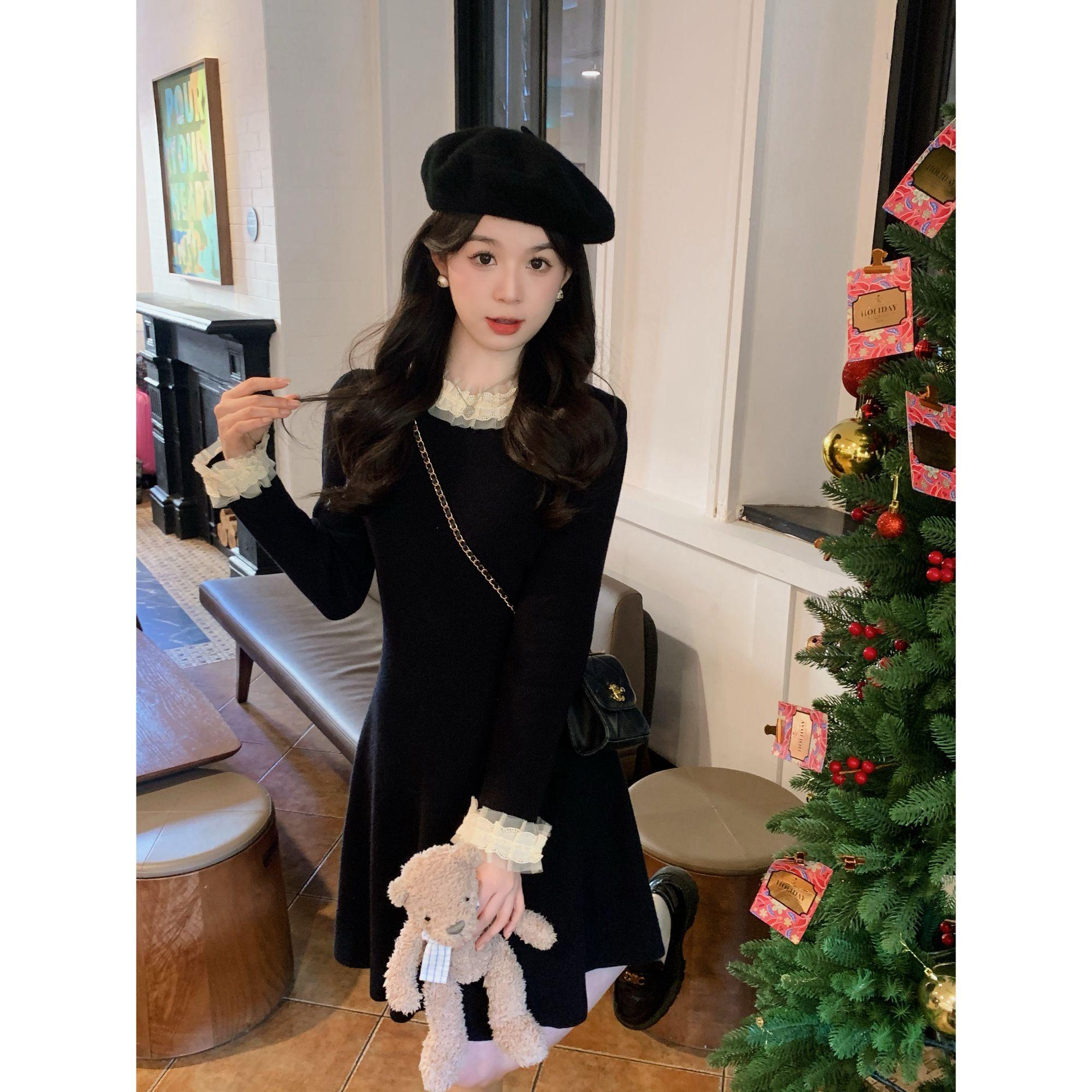 安璃 秋冬洋气百搭显瘦蕾丝花边领针织打底短裙温柔少女连衣裙