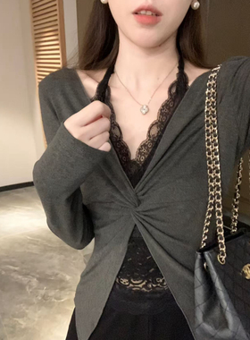 安璃 纯欲风蕾丝拼接扭结挂脖长袖上衣女秋季新款修身显瘦打底衫