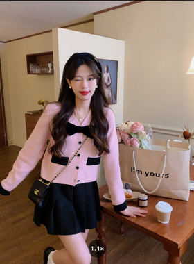 安璃 ANLI 小香风撞色V领针织开衫蝴蝶结复古甜美单排扣上衣新款