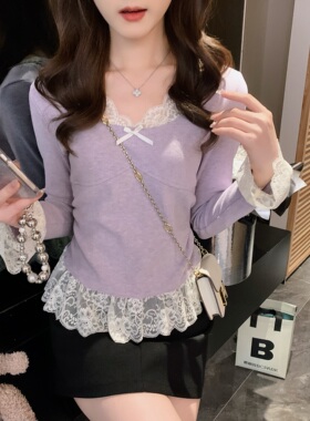 安璃 纯欲感洋气小众假两件拼接蕾丝拼接花边领针织棉上衣叠穿