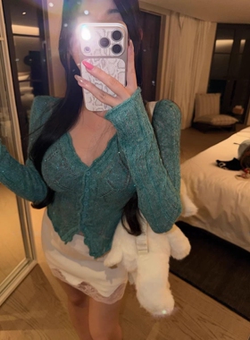 安璃 纯欲白色V领薄款镂空针织开衫早春显瘦短款单排扣修身上衣女