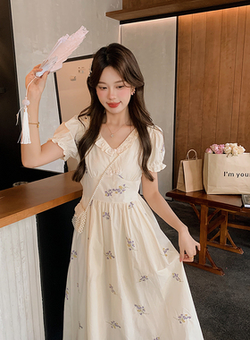 安璃 ANLI 优雅文艺新中式国风盘扣紫色碎花裙收腰气质显瘦连衣裙