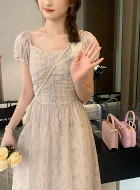 安璃 薰衣草浅紫色小碎花连衣裙收腰显瘦刺绣花桃心领温柔风长裙