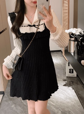 安璃 【短款】复古甜心~撞色假两件显瘦提花连衣裙长裙收腰百搭