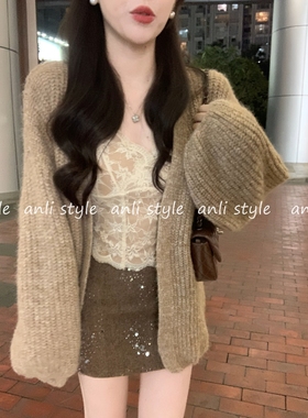 安璃 美拉德慵懒感灯笼袖奶咖色毛衣开衫柔软中长款毛感秋冬新款