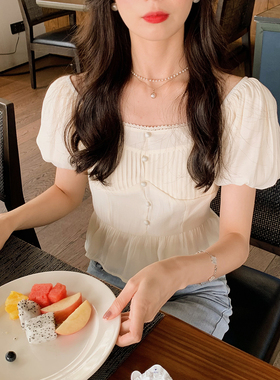 安璃 ANLI 法式甜美泡泡袖方领收腰修身衬衫显瘦气质温柔上衣新款