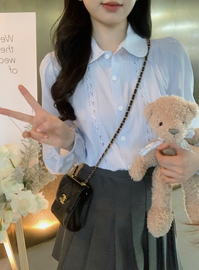 安璃 浅蓝色甜美学院风别致花边设计感显白衬衫上衣