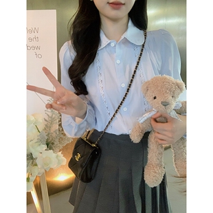 安璃 上衣 浅蓝色甜美学院风别致花边设计感显白衬衫