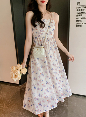 安璃 ANLI 梦幻氛围感小众晕染紫色碎花吊带裙气质百搭夏季连衣裙