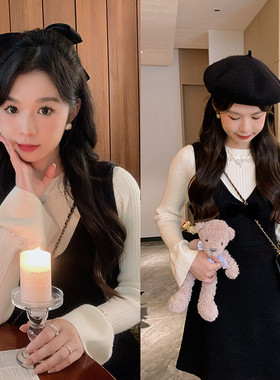 安璃 2023年毛呢百搭收腰显瘦短裙V领背心裙甜美百搭黑色连衣裙附