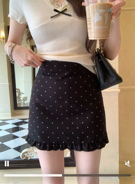 安璃 多色可选~简约波点木耳边半身裙复古百搭显瘦时髦高腰裙短裙