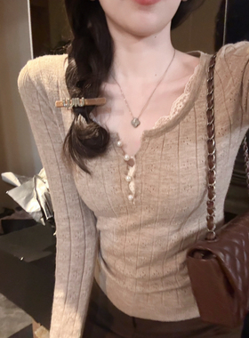 安璃 韩系朦胧月光U领假两件女长袖镂空设计感蕾丝拼接显瘦针织衫