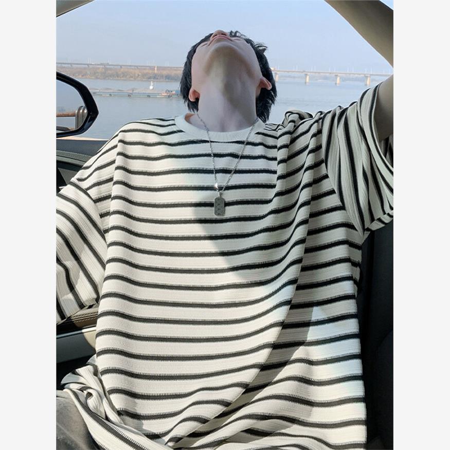 美式条纹短袖t恤男夏季潮