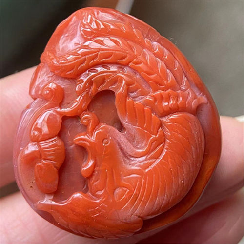 天然川料南红玛瑙凤凰吊坠雕件 柿子红有凤来仪雕刻挂饰项坠